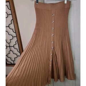 Bardot Womens Knit Pleated Skirt Brown Front Slit Elastic Waist Sz Large Stretch